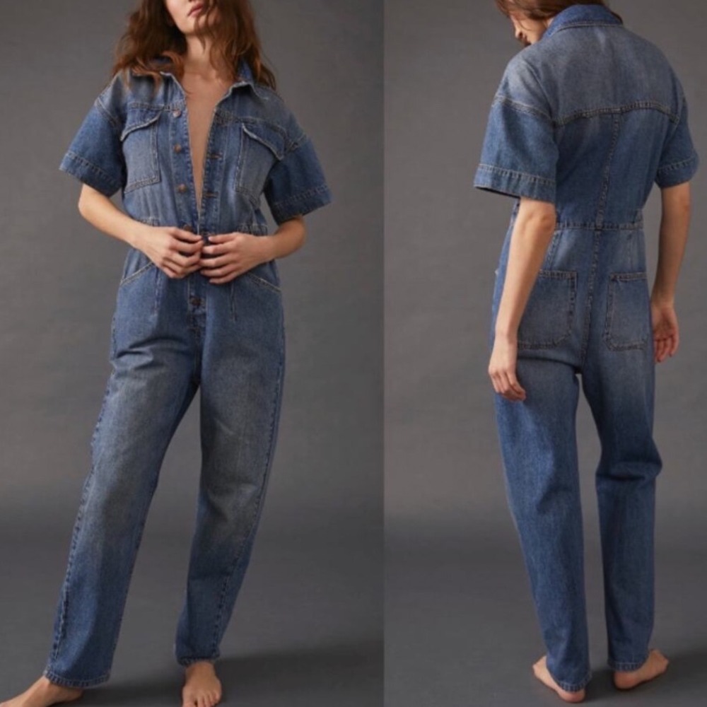 We The Free Marci Jumpsuit Womens SM Blue Denim Cotton Button Front Boho Retro